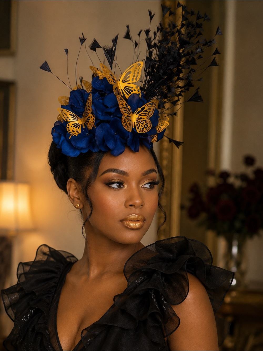 Blue Floral Fascinator with Yellow Butterflies and Black Feather Accent